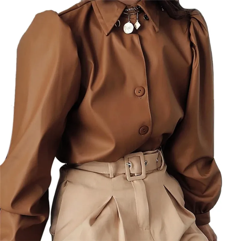 Lady Fall Winter Fashion Shirt Faux Leather Clothes Women Ladies Puff Long Sleeve Button-down Collar Office Work Casual Top 2020 | Женская