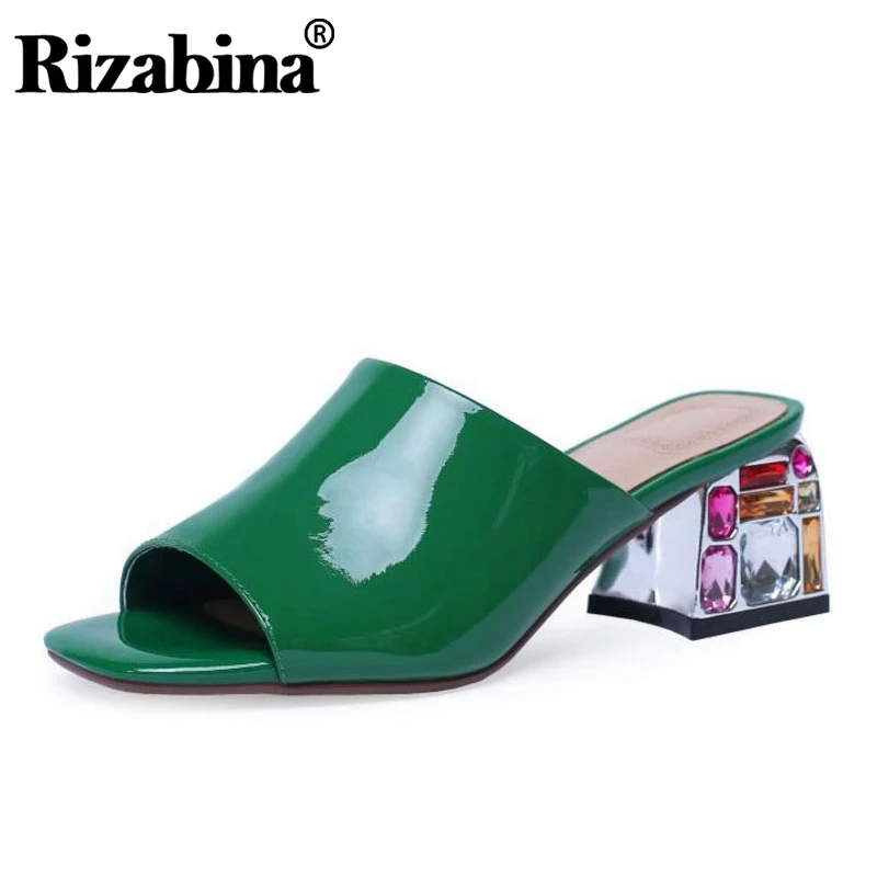 RIZABINA/женские босоножки из натуральной кожи Летние шлепанцы Блестящие стразы на