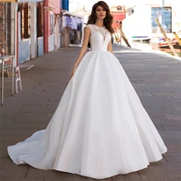 myyble new design elegant o neck satin a line wedding dress 2021 luxury beaded button appliques cap sleeve vintage bride gown