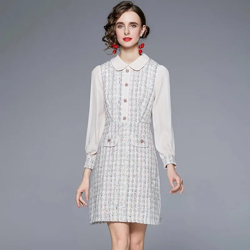 

ZAWFL 2021 Runway Designer Autumn Tweed Dress Women's Elegance Chiffon Lantern Sleeve Patchwork Dresses Vestdios