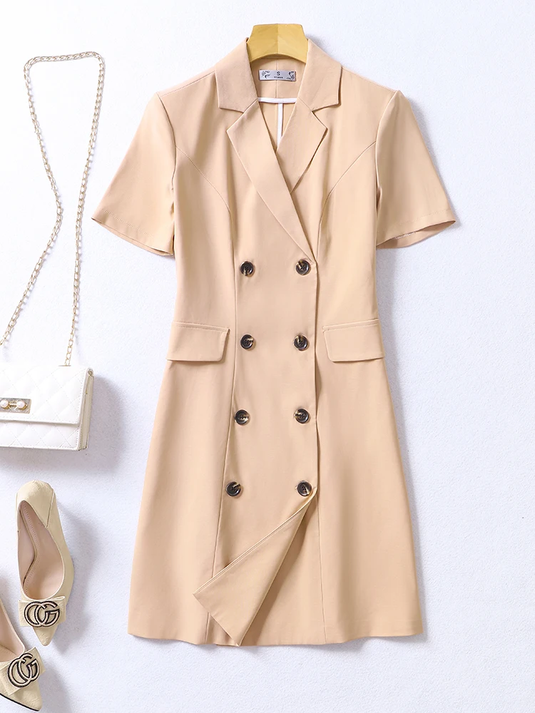 

High Quality Women Short Sleeve Summer Dress Uniform Design Ladies Girl Slim Notched Collar Apricot Work Dress With Button