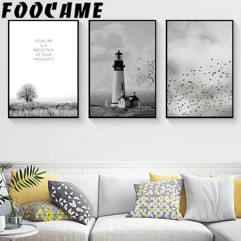 Подножки Маяк птица дерево Северный плакат печать стены Искусство живописный