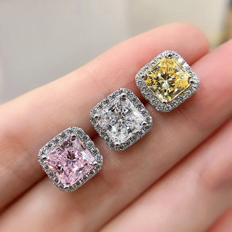 

Jazaz 100% 925 Sterling Silver Pink Yellow High Carbon Diamond Stud Earrings Women Sparkling Wedding Fine Jewelry Gift B01351