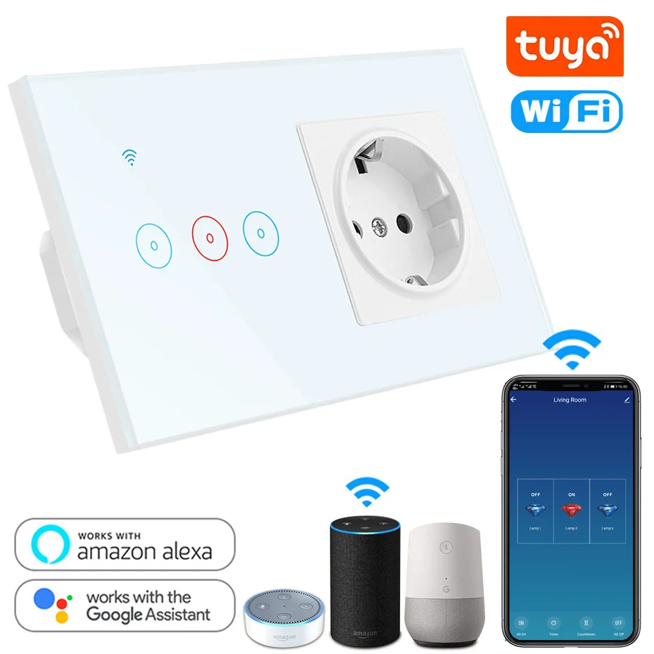 

Tuya WiFi Smart Light Touch Switch with EU Standard Socket 220V 16A 1/2/3 Gang Timing APP Control Work with Alex Google Home