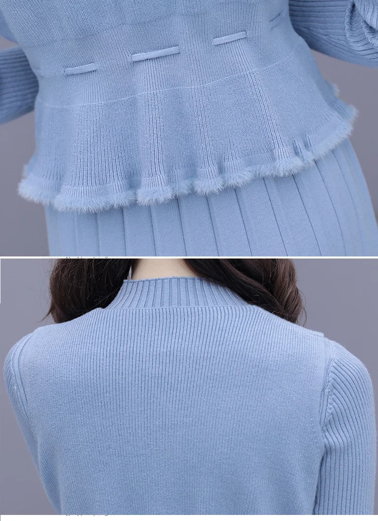 

2020 Autumn Knitted Dress Fashion Mid-length Women's Slim Waist Wo-piece Base Knitted Pure Color Elegant Sweater Dresses L926