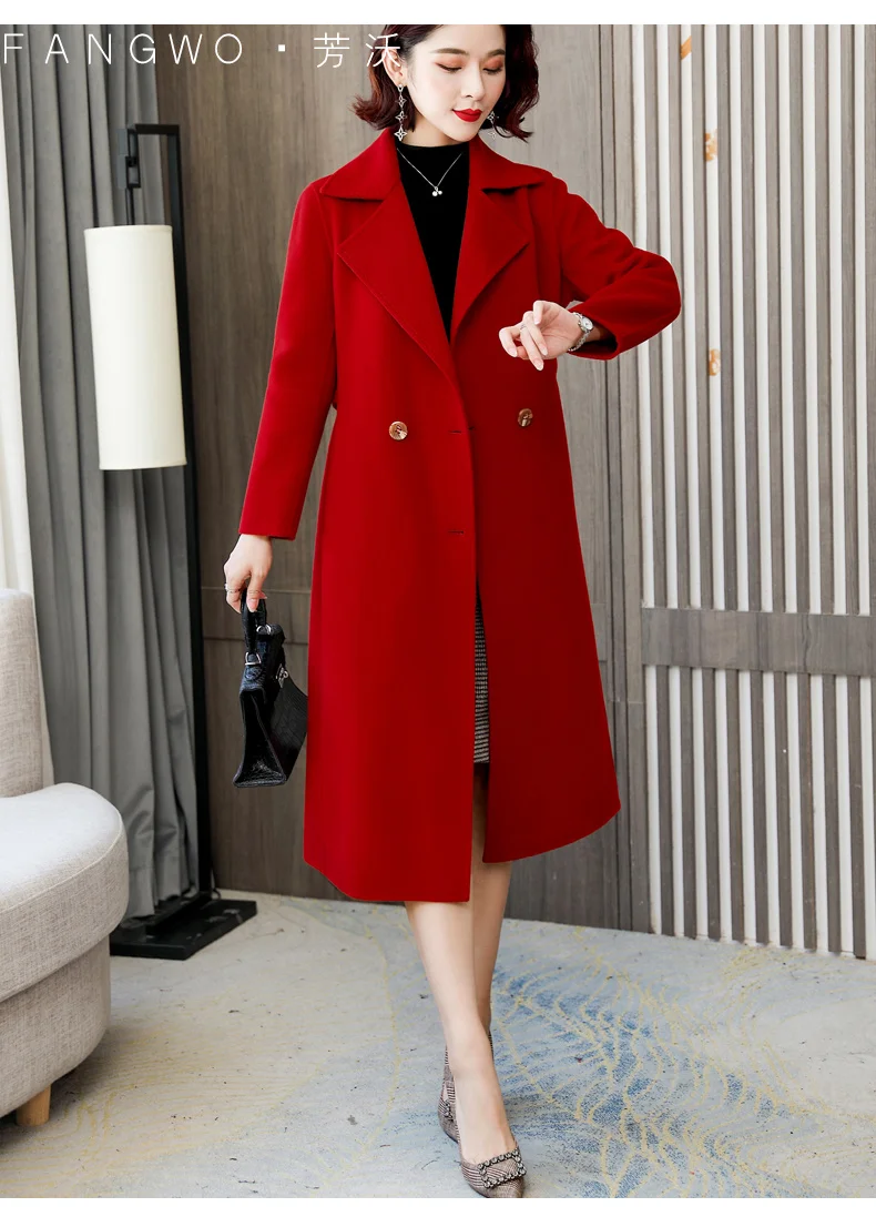 

Classic red double-sided cashmere coat women's medium long knee high-end wool cloth windbreaker coat waist lace up
