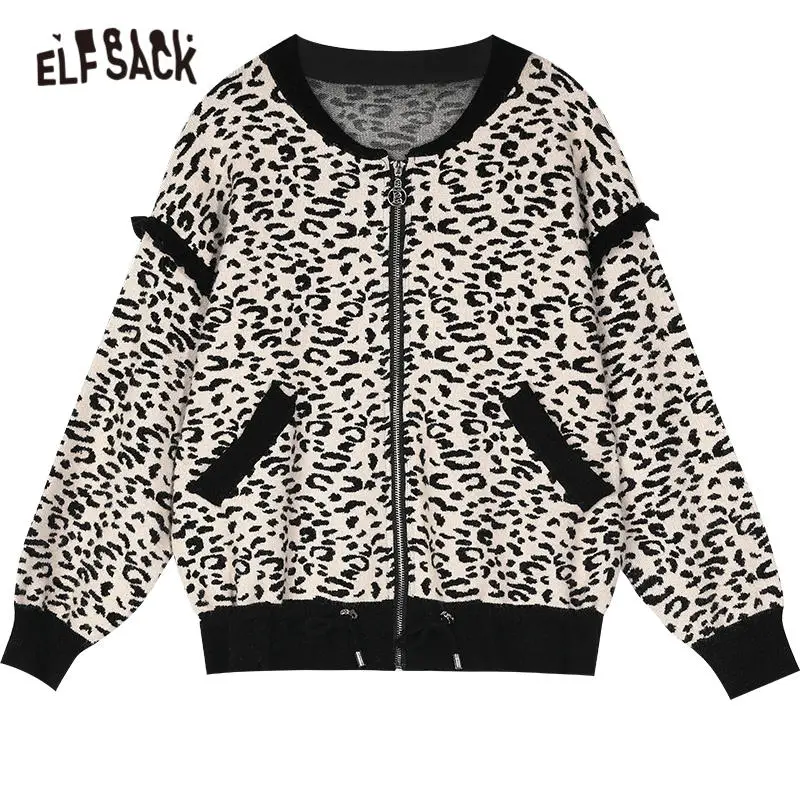 

ELFSACK Leopard Casual Knitted Zipper Oversize Women Jacket 2020 Autumn ELF Pure Full Sleeve Korean Ladies Warm Daily Outwears