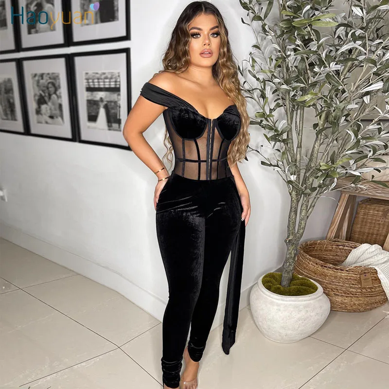 

HAOYUAN Sexy Sheer Mesh Velvet Black Bodycon Jumpsuit Women One Piece Rompers See Through Birthday Party Night Club Rave Outfits