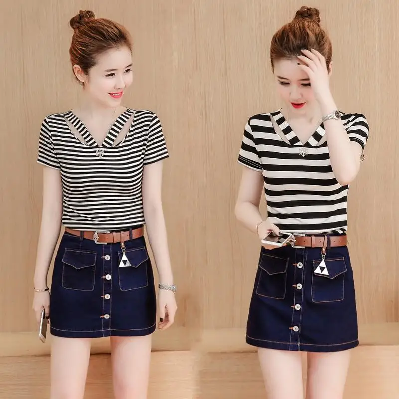 

Two-piece female 2021 summer striped short-sleeved T-shirt + denim skirt