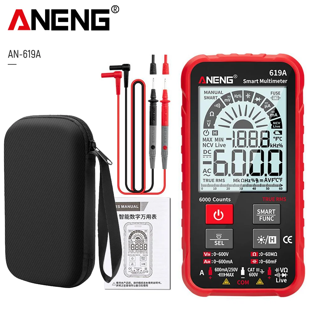 

ANENG 619A Digital Multimeter AC/DC Currents Voltage Testers True RMS 6000 Counts Professional Analog Bar Multimetro NCV Meter