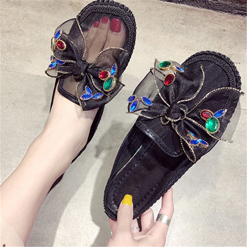 Сетчатые тапочки мюли Женская летняя обувь Обувь с бантом и кристаллами на