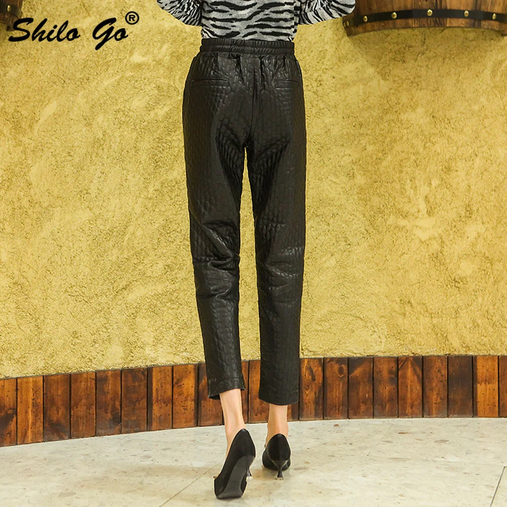

Streetwear Elastic Waist Solid Thermal Padded Pants Women Winter Casual High Waist Lady Sheepskin Genuine Leather Trousers