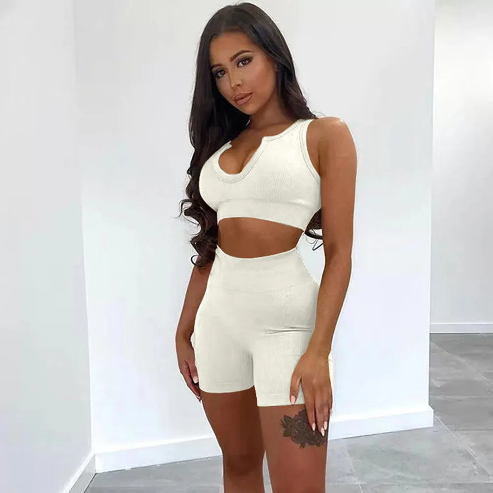 

Knitted Casual Summer Two Piece Sets Womens Outfits Tracksuit Female 2021 Solid Elastic 2 Piece Biker Shorts Suits Matching Sets