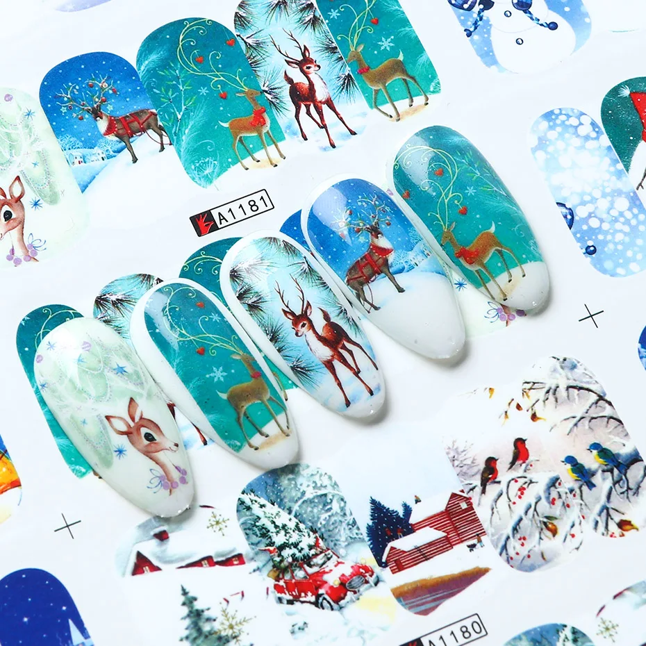 

12pcs Christmas Nail Stickers Santa Claus Elk Snowman Water Transfer Sliders for Nails Cartoon Winter New Year Manicure JIBN/A-1