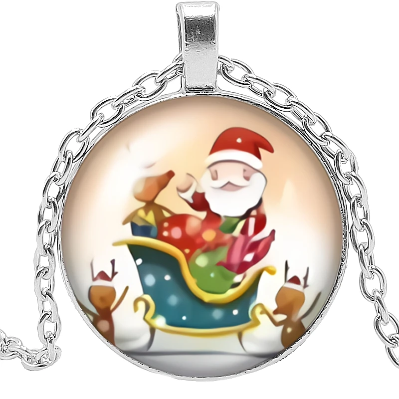 

2020 Hot Sale The Latest Christmas Cartoon Santa Claus Ice Snow Tree Glass Convex Round Pendant Necklace Fashion Jewelry Gift