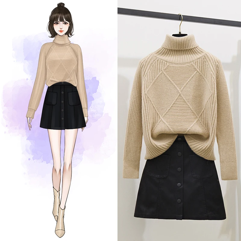 

School 2 Pcs Clothing Set Women New Winter Thick Turtleneck Sweater Fashion PU Leather Skirt Casual Knitted Suit Knitwear Outfit