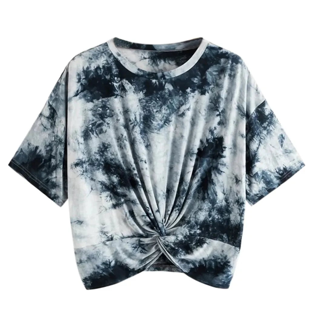 

T-Shirt Crop Tie-dye Sleeve Neck Short Round Short Top Cut Out Women Women's Blouse Casual Tops