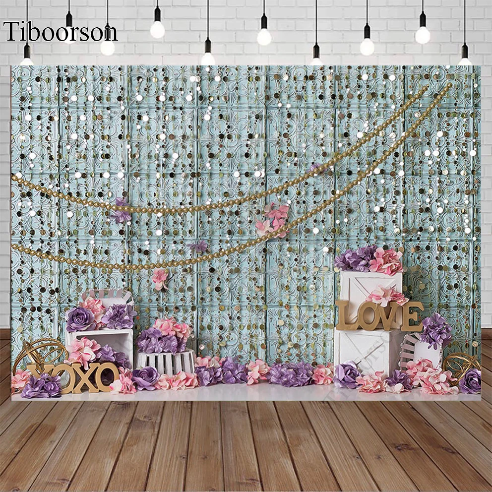 

Romantic Sweet Blue Brick Wall Flowers Background for Valentine Mother's Day Wedding Bridal Baby Shower Birthday Party Backdrop