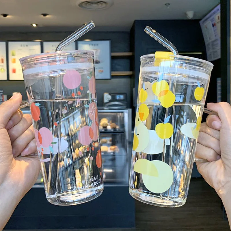 

800ml Forest Fruit Glass Cup Coffee Mug High Quality Thicken Glass Mug Milk Coffee Tea Cup with Straw and Handle