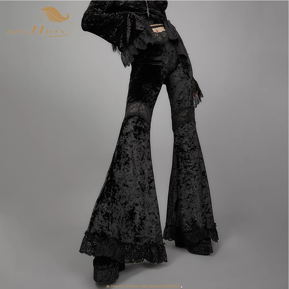 

Mall Goth High Waist Flared Pants Aesthetic Sexy Lace Patchwork Trousers Women Vintage Elegant Velvet Christmas Pants VD2198