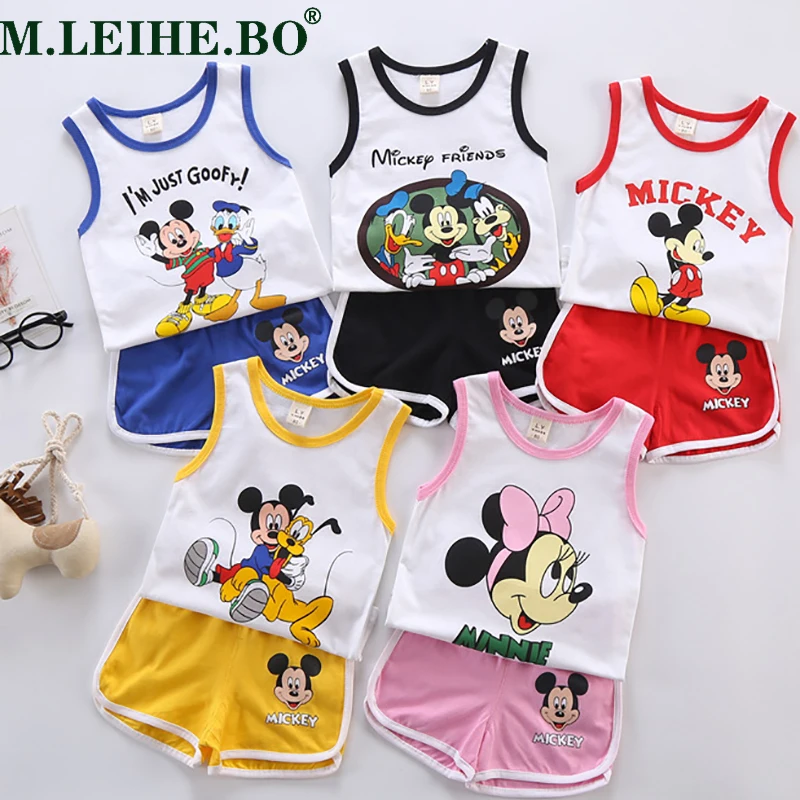 

Летняя одежда для новорожденных мальчиков и девочек, комплект детской одежды, жилет, футболка, шорты, 2 шт., наряды, Мультяшные наряды