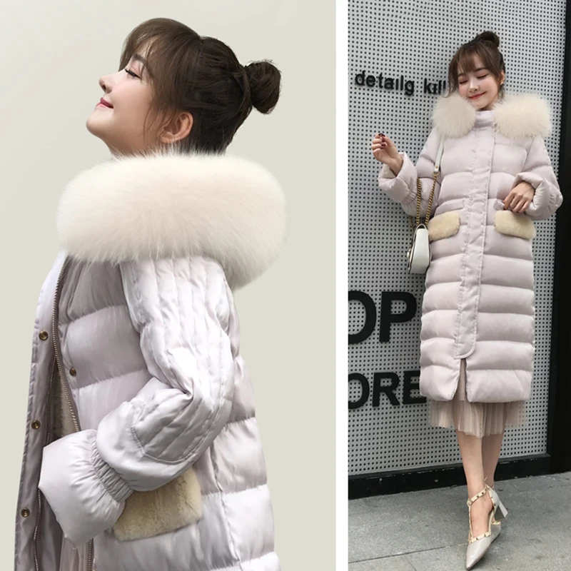 Женский пуховик с мехом енота черная или серая теплая парка на 2019 белом утином