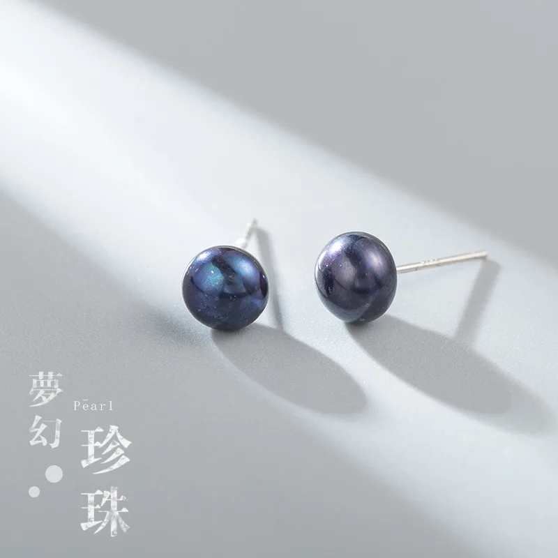 

925 Sterling Silver Black Freshwater Pearl Stud Earring Natural Freshwater Pearl Earrings Fine Jewelry for Women Wedding