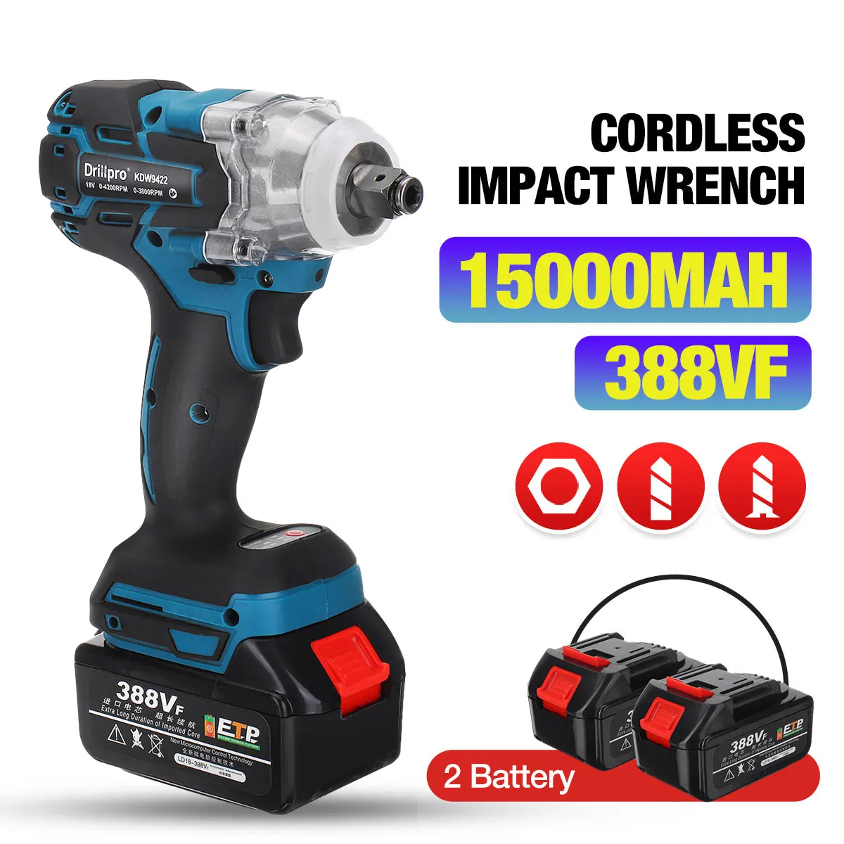 Drillpro 388vf бесщеточный Электрический Аккумуляторный ударный гайковерт 1/2 дюймов