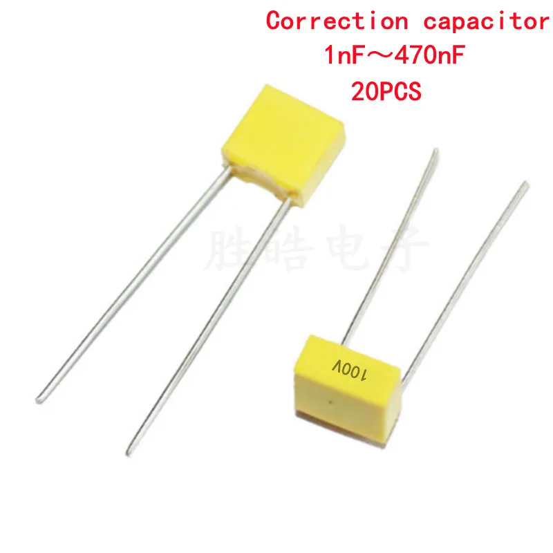 

20pcs Polypropylene Safety Plastic Film 100V 1nF ~ 470nF 100nf 220nf 10nf 47nf 22nf 1nf 0.47uf 0.1uf Correction Capacitor