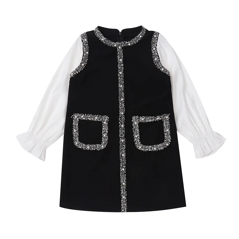 Детское платье с длинным рукавом белое черное лоскутное для девочек 4 6 8 10 12 лет