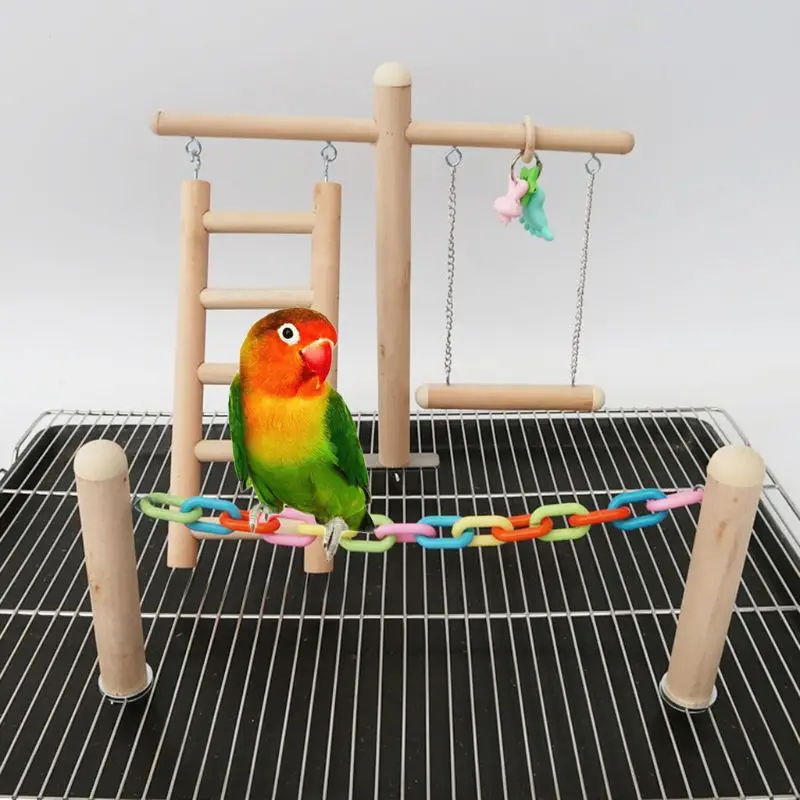 

Bird Cage Stand Play Gym Wood Perch Playground Parrot Climbing Ladder Chewing Chain Swing Activity Exercise Center for Lovebirds