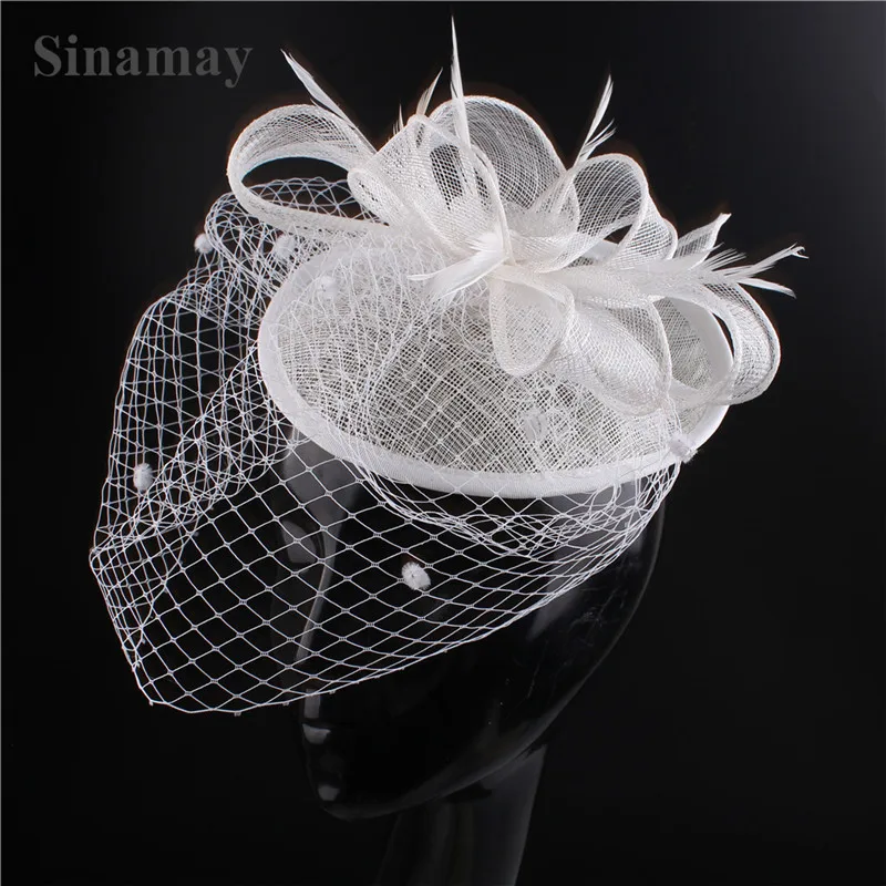 Yellow Elagant Ladies Sinamay Fascinators Feather Mesh Hair Accessories Bridal Wedding Dot Veils Headdress Fedora Caps |