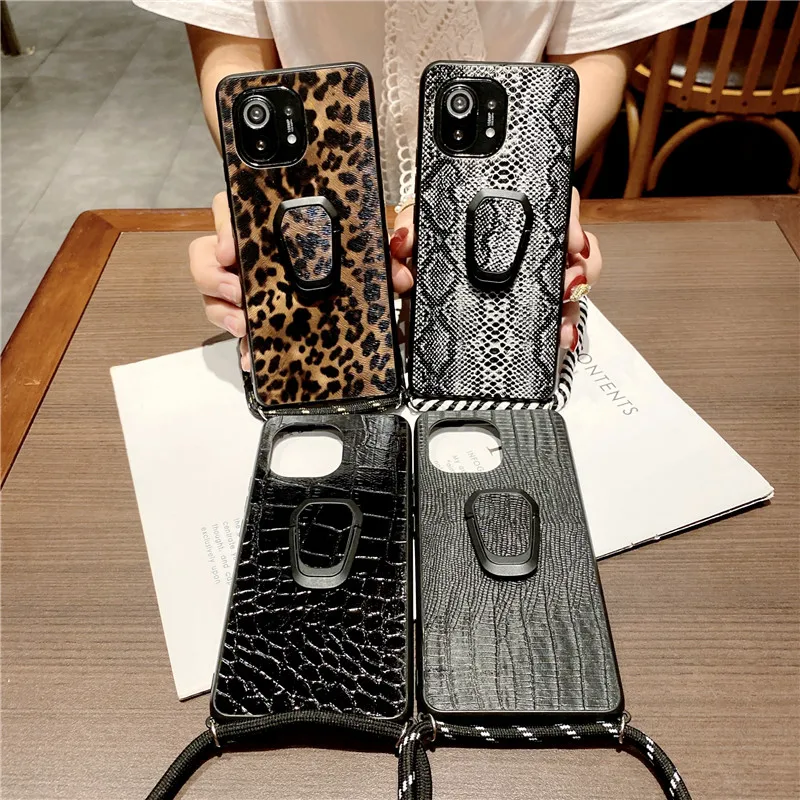 

Fashion Long Lanyard Leather Pattern Hard Shell Phone Cases For XiaoMi 11 10T Poco X3 Protective Cover For RedMi Note 9 8T 7 Pro