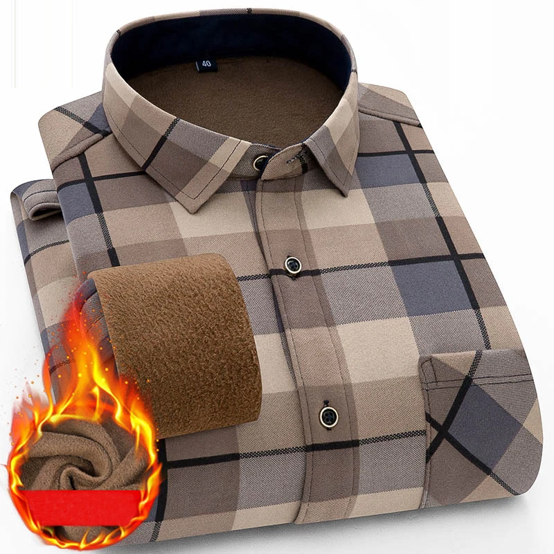 New 2020 Winter Thick Warm Dress Shirt For Men Casual Long Sleeve Plaid Fleece Lining Shirts Fashion Soft Flannel MY203 | Мужская одежда