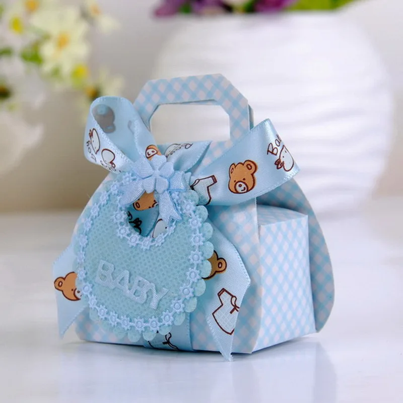 12pcs/lot Bear Shape DIY Paper Wedding Gift Christening Baby Shower Party Favor Boxes Delicate Candy Box with Bib Tags & Ribbons