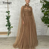 verngo 2021 sparkly champagne tulle with stars sweetheart prom dresses with long jacket cape sleeves a line evening gowns