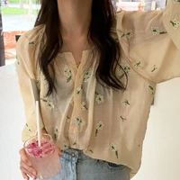 summer women shirt long sleeve button up floral embroidery shirt transparent see through tops korean fashion shirt all match top