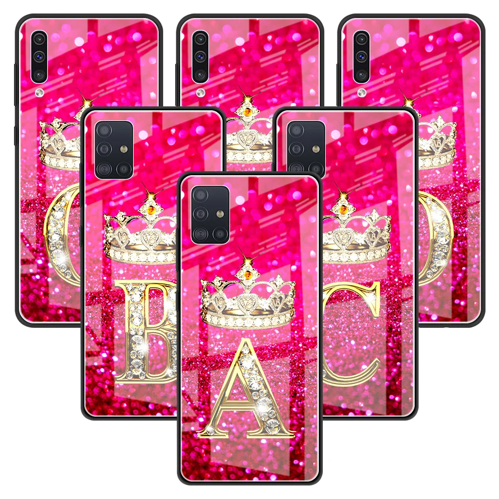 

Glass Phone Case For Samsung Galaxy A51 A50 A71 A52 A70 A21s A72 A31 M31 M51 A30 A10 Tempered Back Capa Pink Diamonds Letter