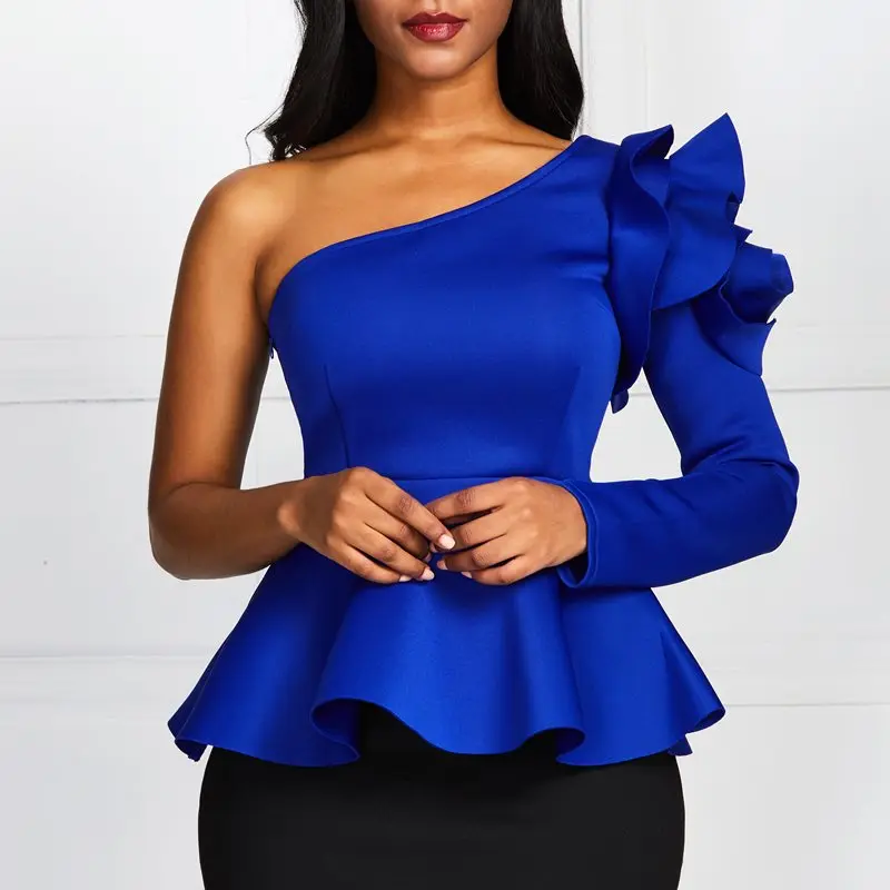 Синяя Женская блузка с косой горловиной на одно плечо тонкая рубашка оборками и