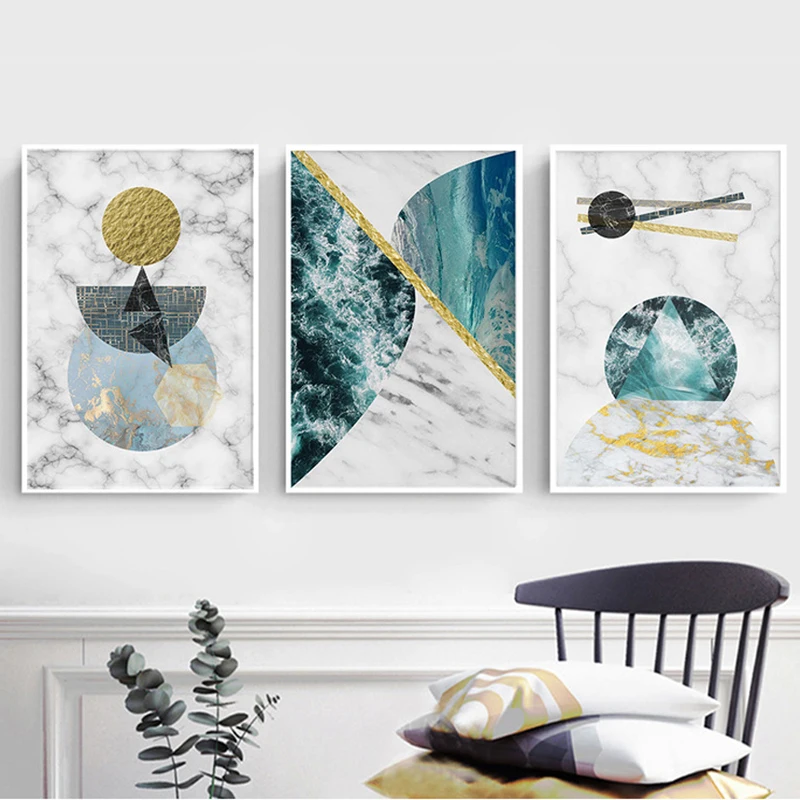 Скандинавский абстрактный мраморный геометрический Золотой зеленый круг холст