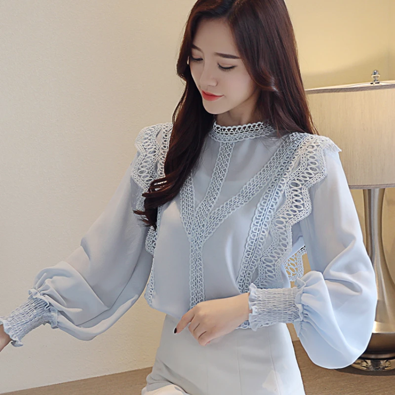 Blusas mujer de moda 2018 белая открытая кружевная шифоновая блузка рубашка с длинным