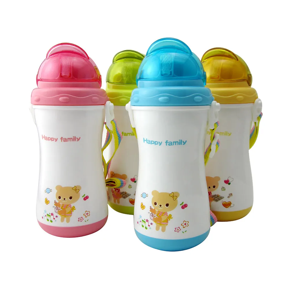 

300ML Baby Feeding Bottle Straw Cup Outdoor Kid Drinking Cup with Shoulder Strap Leakproof Cartoon Toddler Training Water Bottle