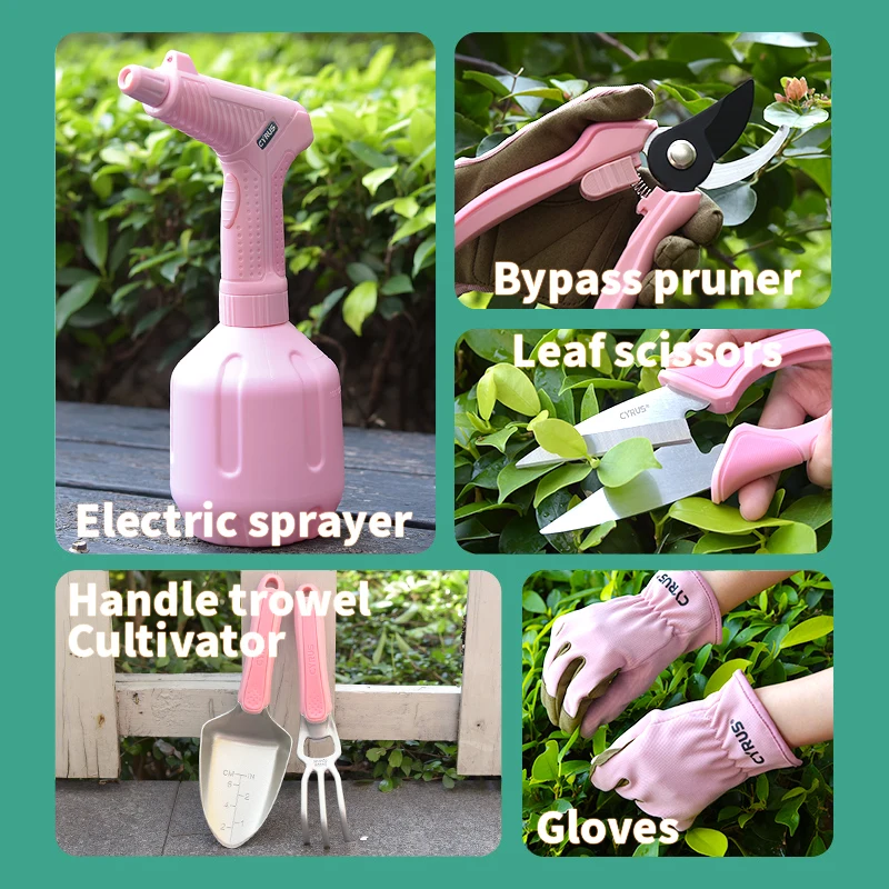 CYRUS Garden Tools Set Gardening Gloves Electric Sprayer 1L Trowel Shovel Hand 6Pcs Floral Pink Women Gift Bonsai Florist |