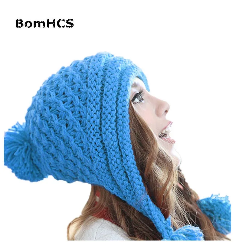 BomHCS, корейский стиль, модная женская зимняя теплая шапка, ручная работа, вязаная шапка с цветком - Цвет: Sky Blue