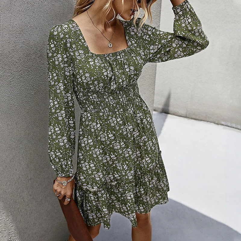 NORMOV Square Collar Floral Dress Women Autumn Winter Mini Casual Dresses Long Sleeve A-line Ruffles | Женская одежда