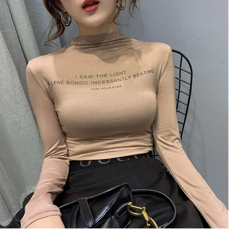 

Vogue Letter Elasticity Slim T Shirt Women 2020 Fashion Autumn Tops Long Sleeve T-Shirt Woman Korean Clothes Tee Shirt Femme