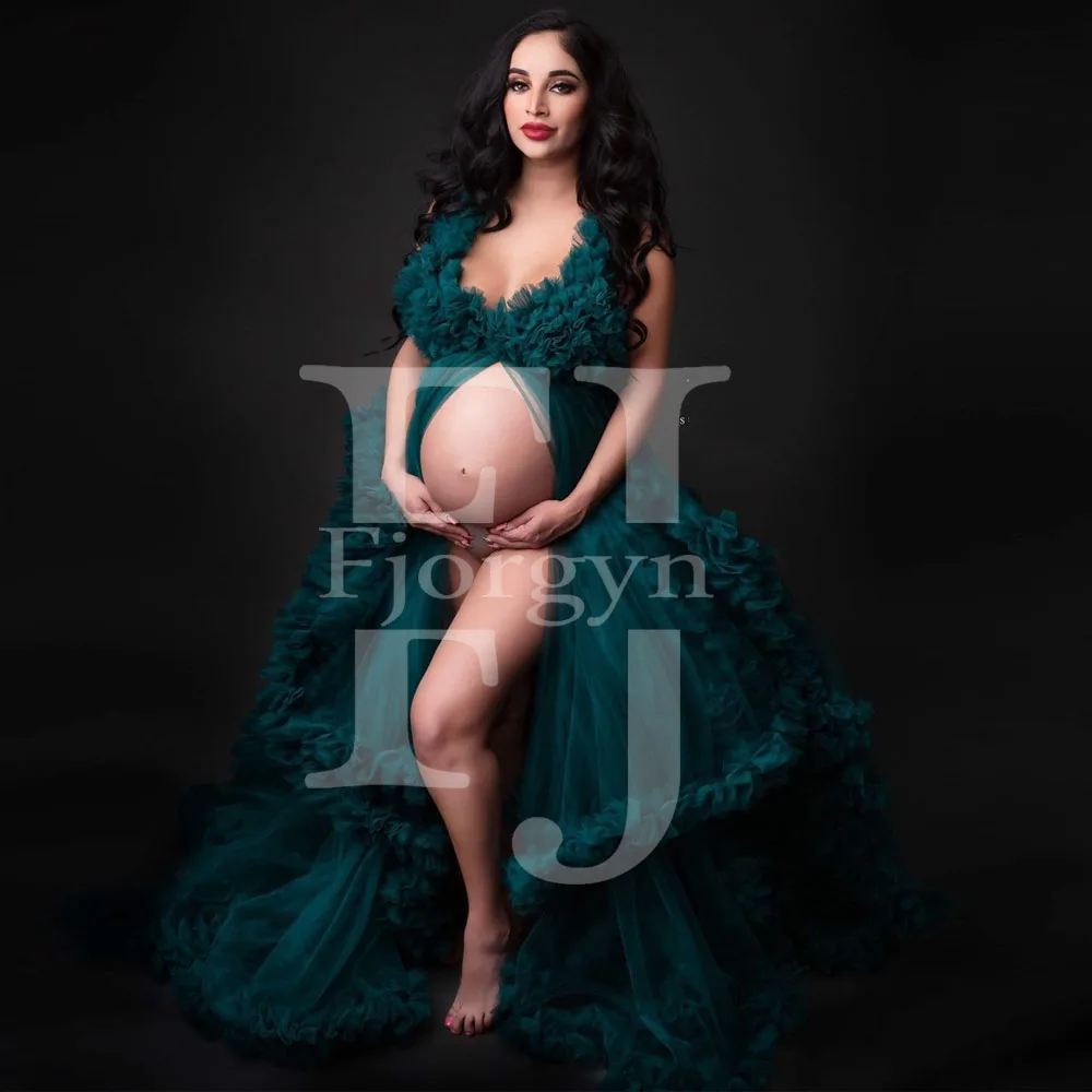 

Dark Green Premium Soft Off Shoulder Tulle Maternity Dress Party Dresses 2021 Custom Made Ball Gown Ruffles Brdial Robes