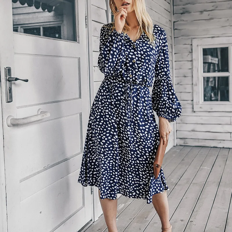 

Women's Autumn Leopard Print Belt Dress Sexy V-Neck Dress New Bubble Long Sleeve Knee Skirt Dress