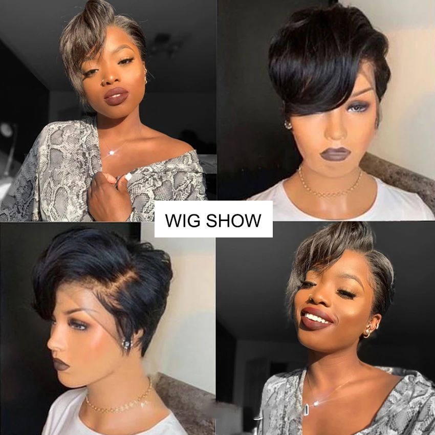 

Pixie Cut Short Wigs For Black Women Full Machine Made No Lace Front Brazilian Remy Human Hair Wigs With Bangs Short Bob Wigs