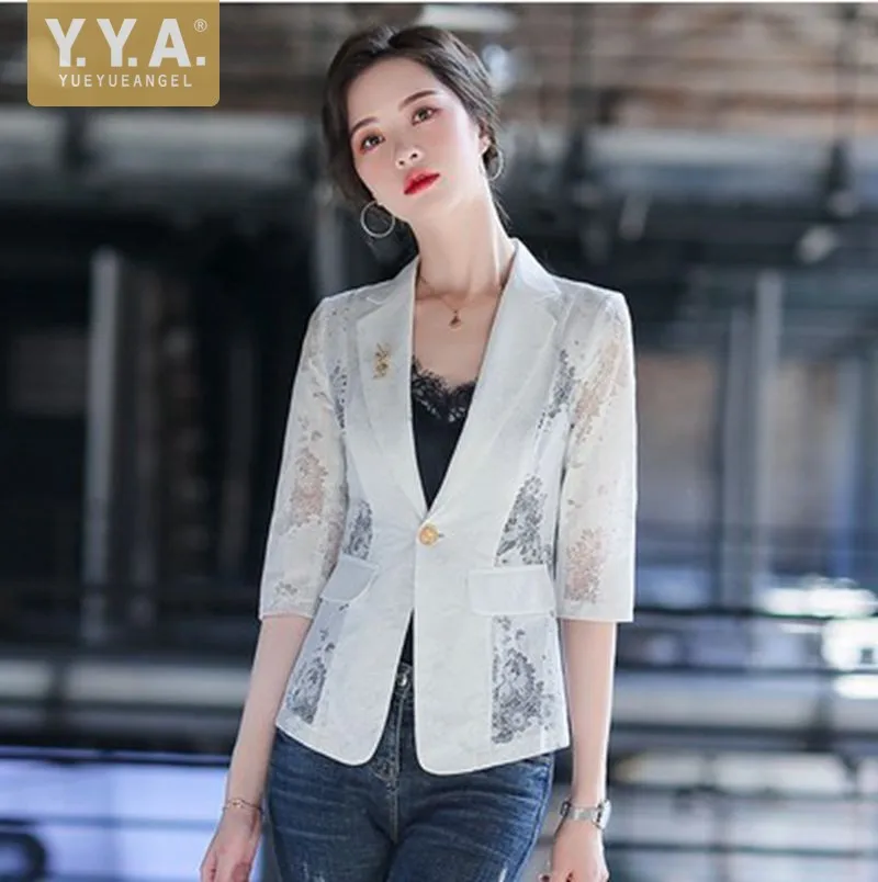 

Модная женская Лоскутная шифоновая кружевная короткая куртка с принтом, костюм для офиса, женские летние открытые тонкие элегантные блейзе...